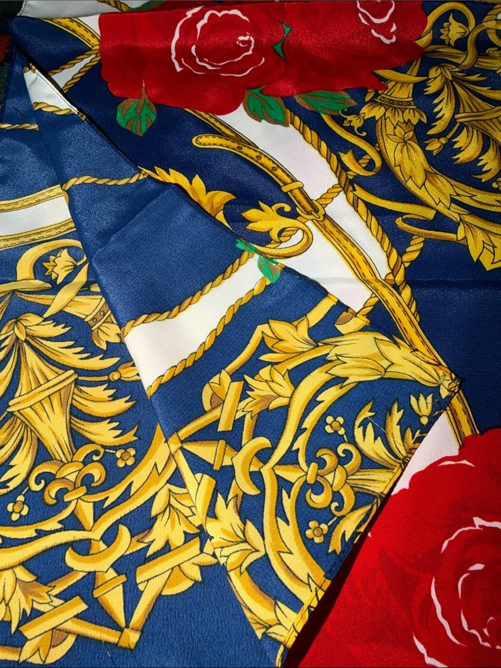 Vintage 80s/90s Baroque Maximalist Silk Scarf Royal Blue Gold Chain Red Roses
